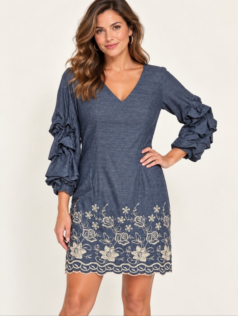Leslie Fay Blue Chambray Embroydered L Sleeve Casual Shift Dress. Ladies 10